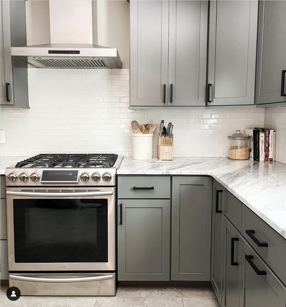 White Countertops with Light Grey Cabinets