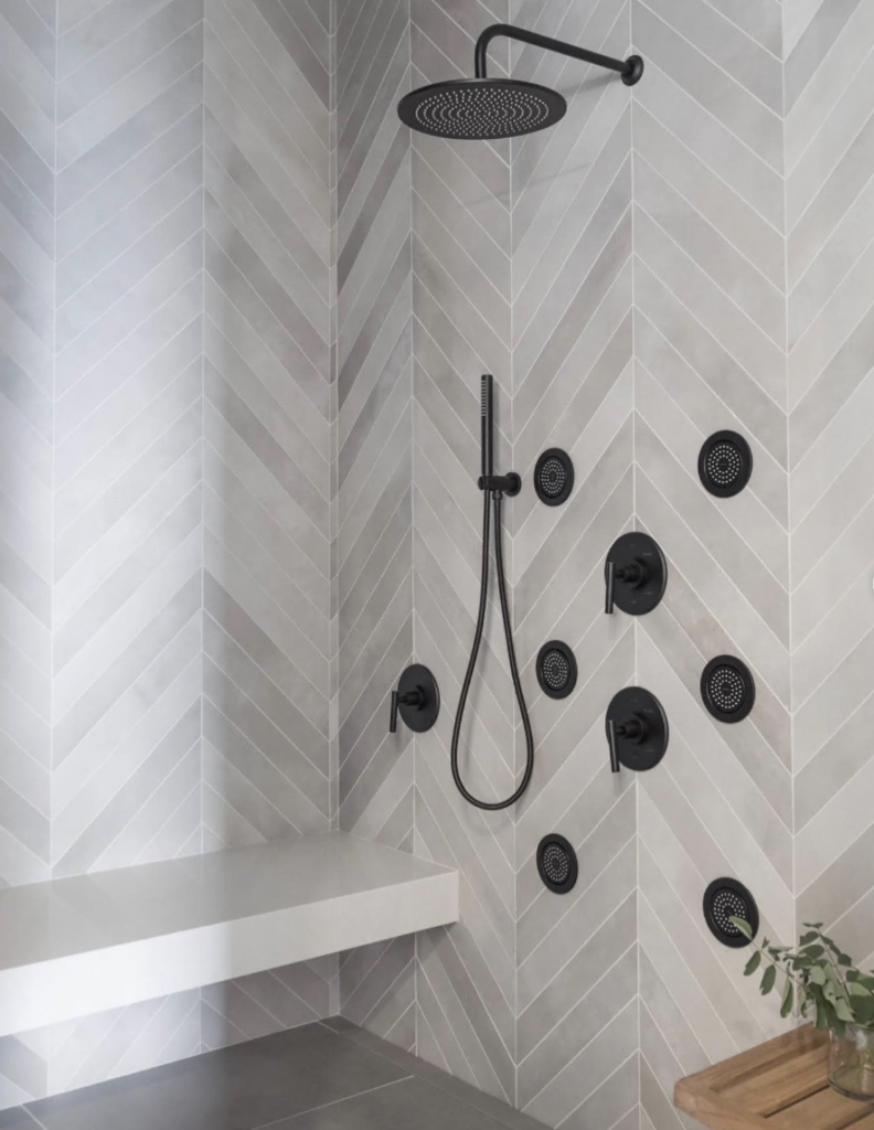 White Floating Bench For A Grey Bathroom