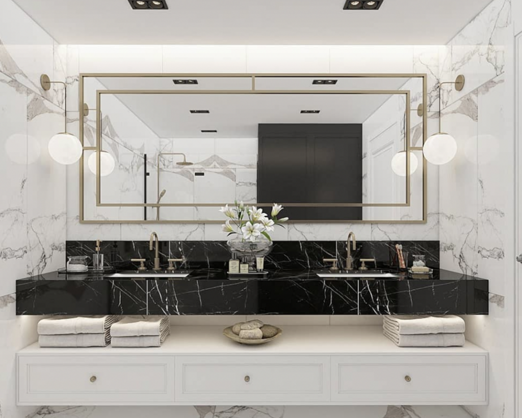 White Floating Vanity with Large Black Countertop and Rectangular Mirror