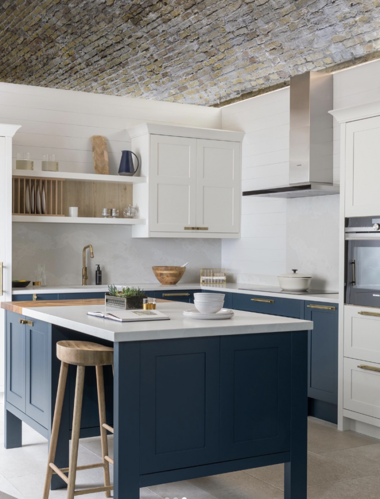 White Kitchen and Brick Ceiling