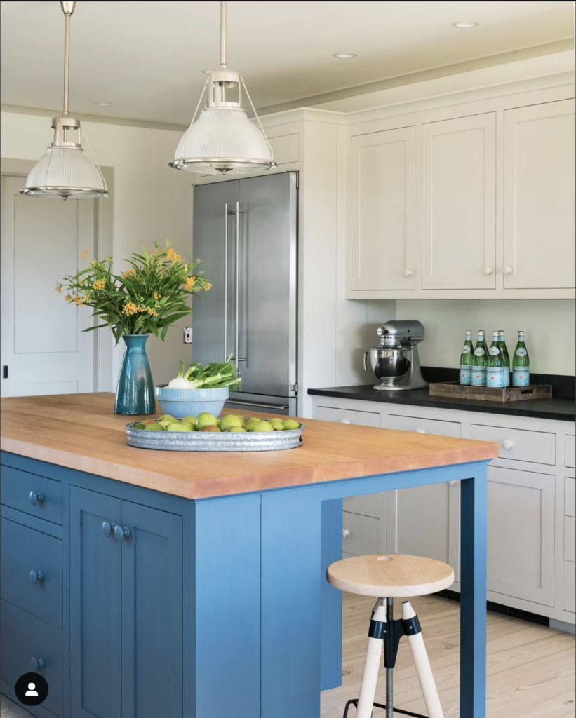 White Kitchen Blue Island Wood Countertop