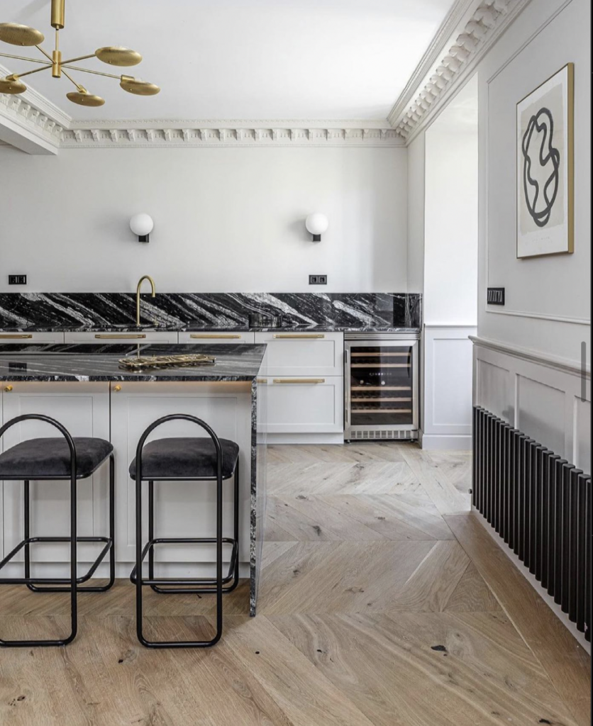 White Kitchen with Dark Counters and Glistening Gold Hardware