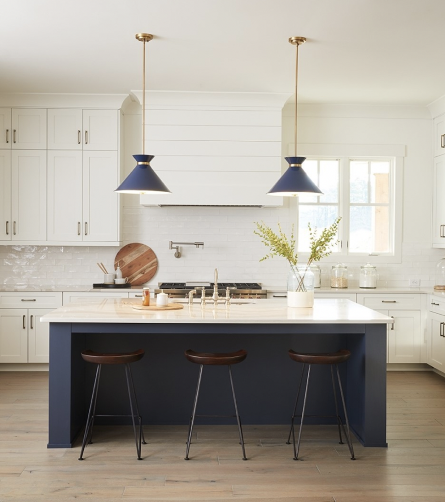 White Minimalist Kitchen, Blue Island Focal Point, Gaze Guide Light Fixture
