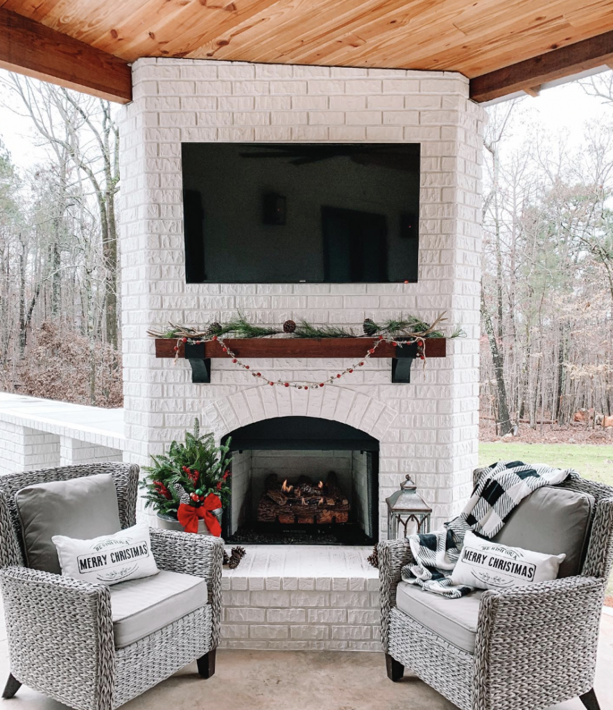 White Outdoor Brick Fireplace for Christmas