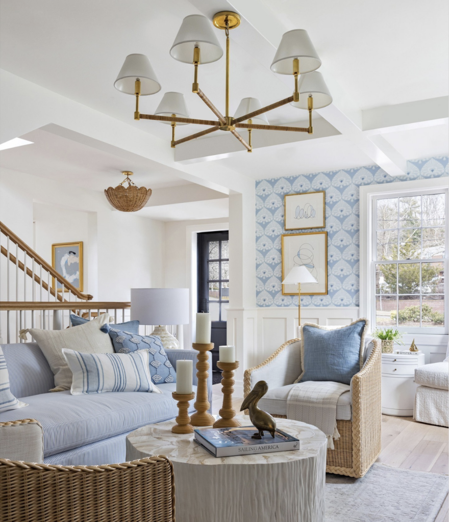 White Room with Blue Wallpaper and Wainscoting