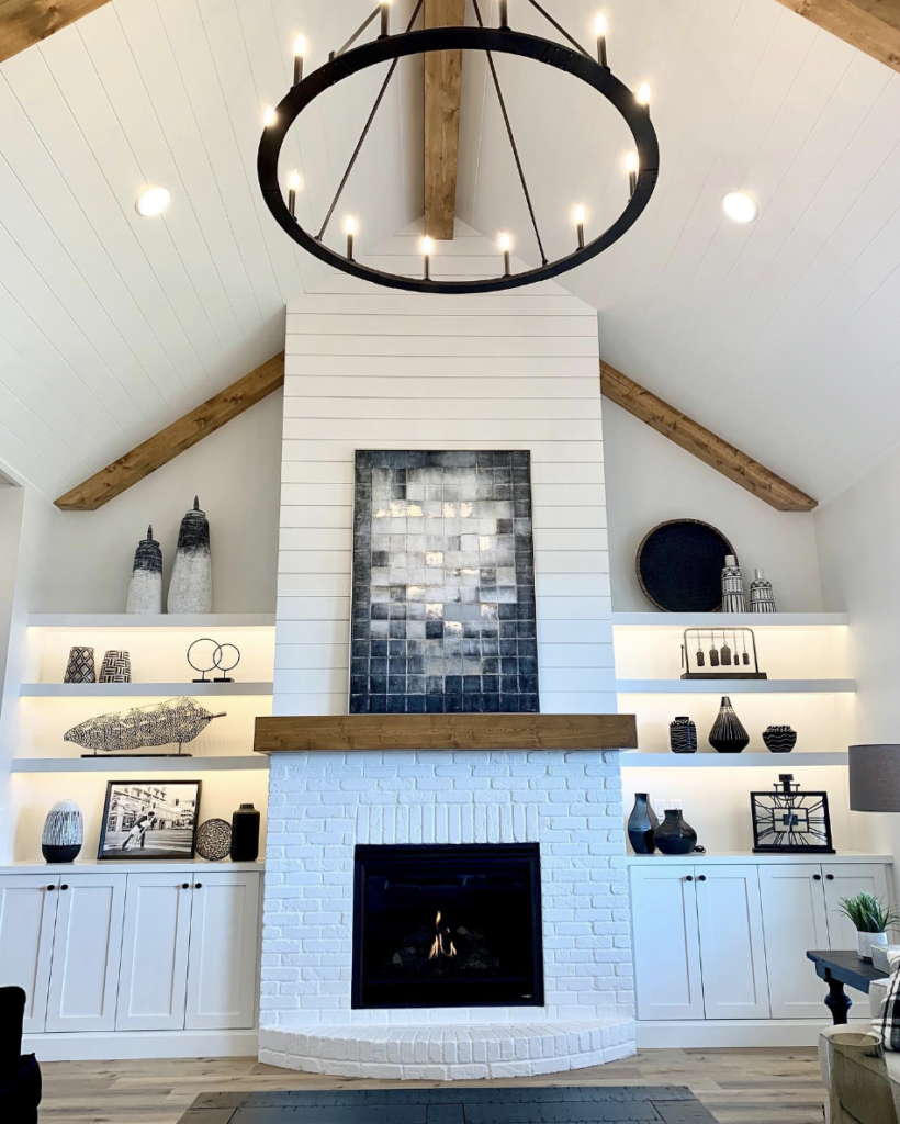 White Shiplap and Brick Fireplace