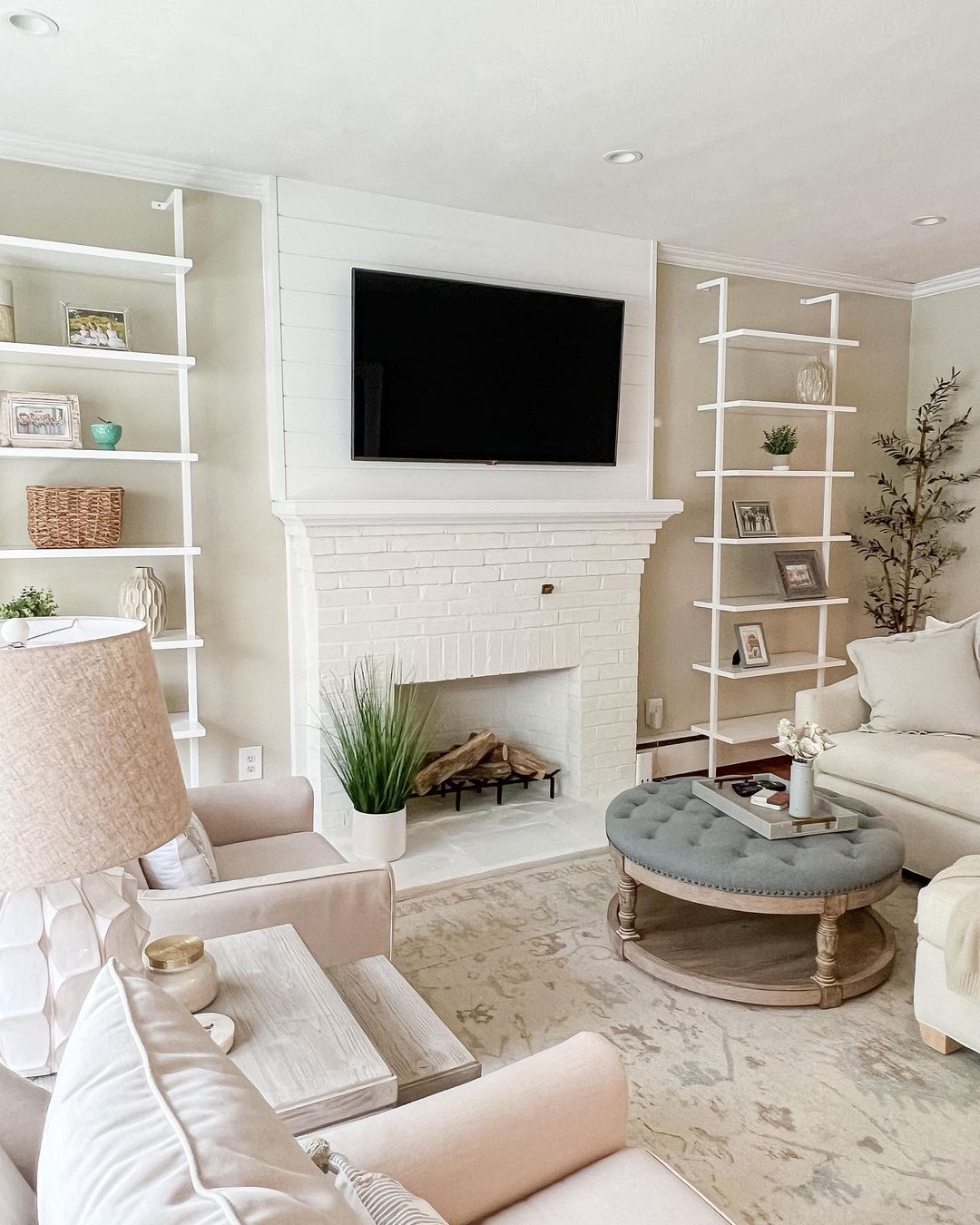 White Shiplap Around a Brick Fireplace