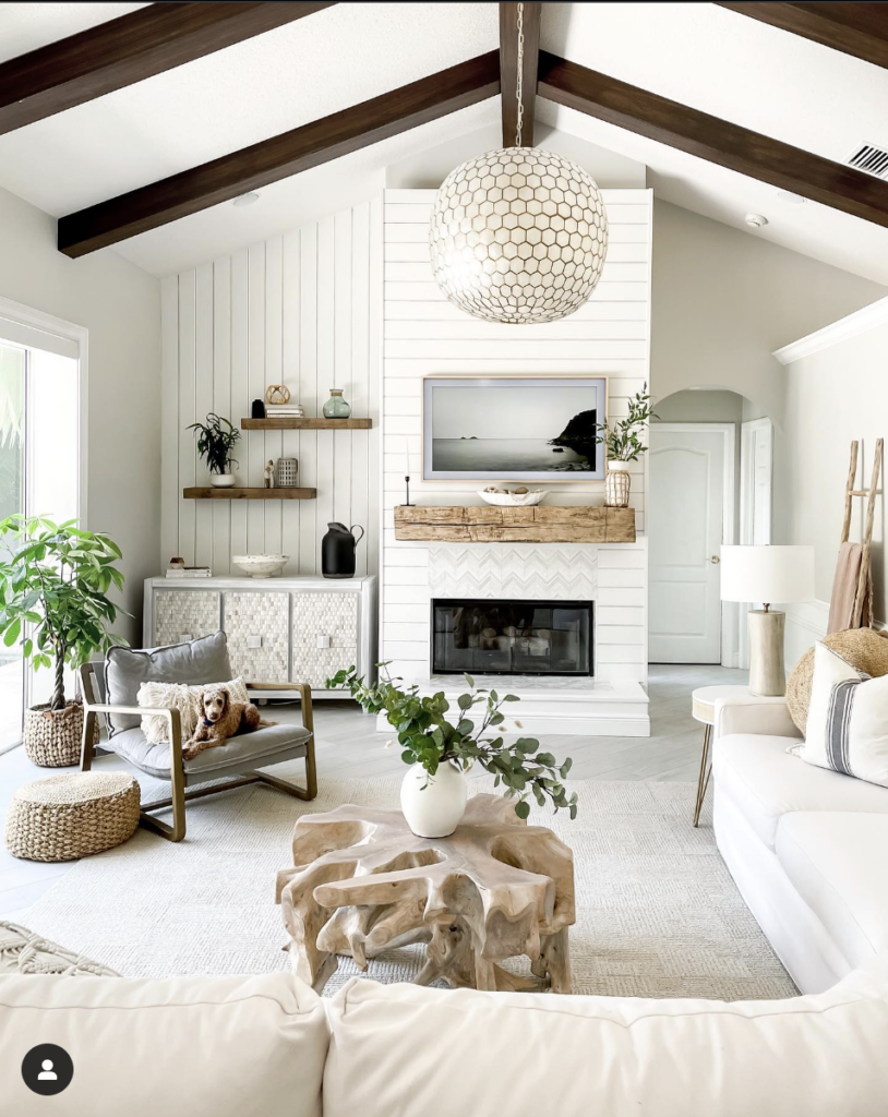 White Shiplap Fireplace Wall with Weathered Beam