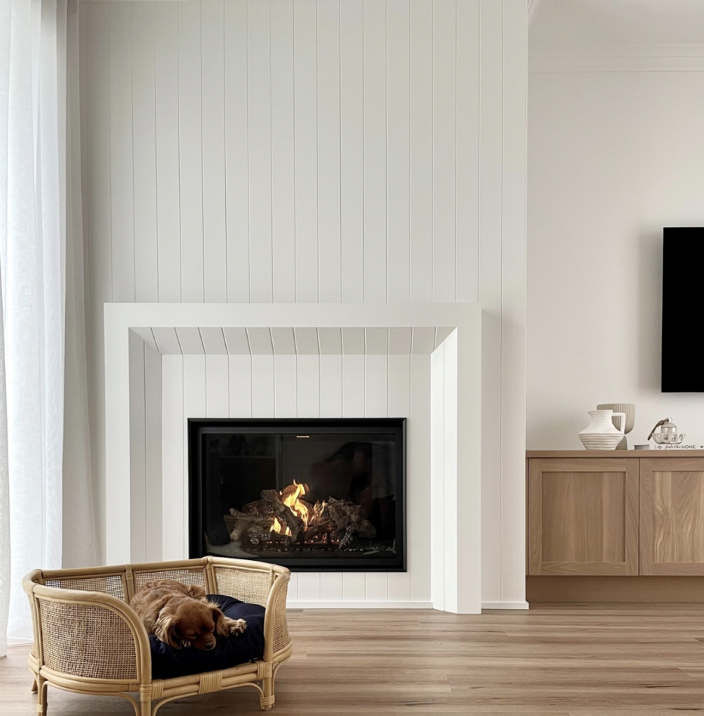 White Shiplap Living Room Corner Fireplace and Mantel