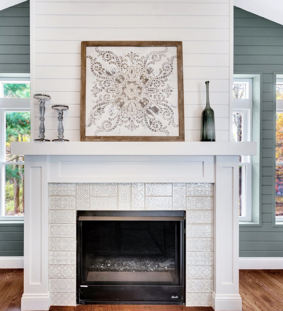 White Tile on a Shiplap Fireplace Wall