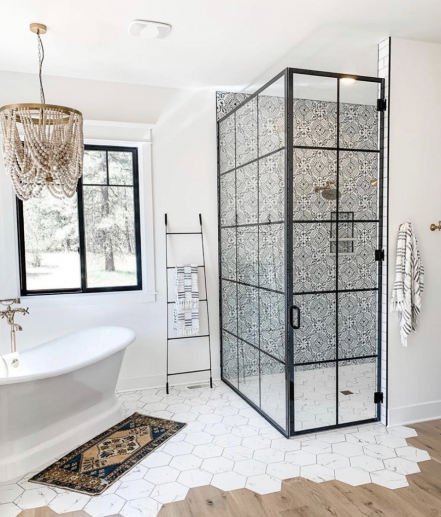 White Tub with a Bead Chandelier