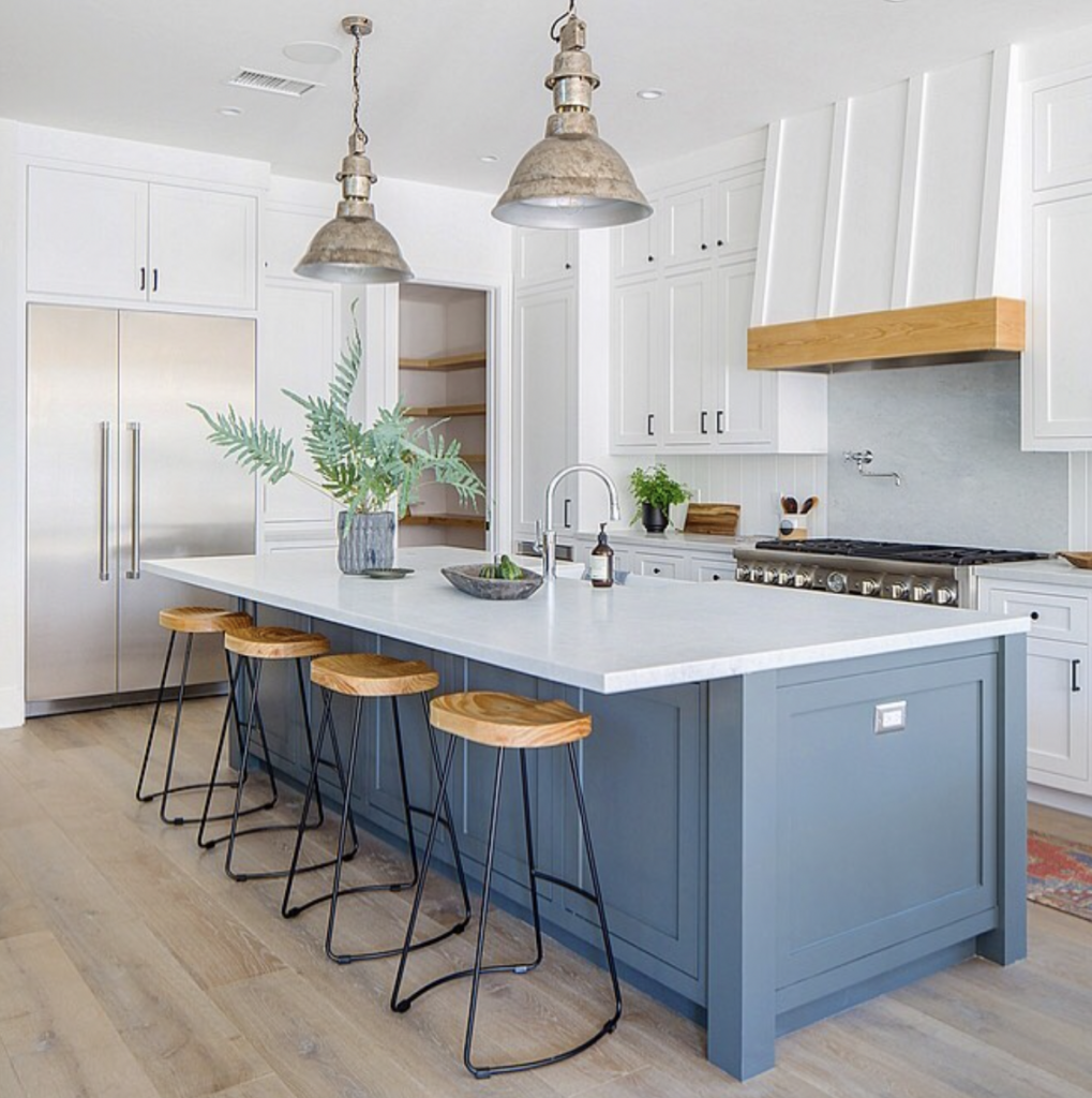 Wood Accent with Blue Island and White Cabinet