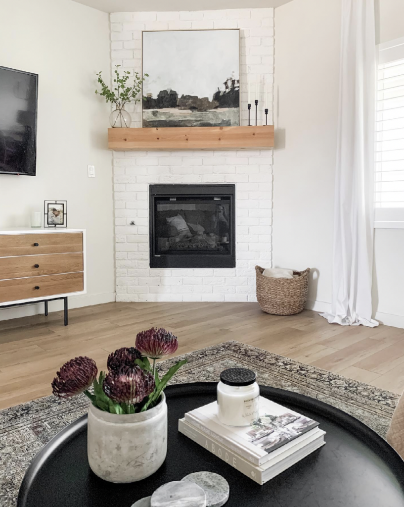 Wood Accents with a Fireplace Off Center