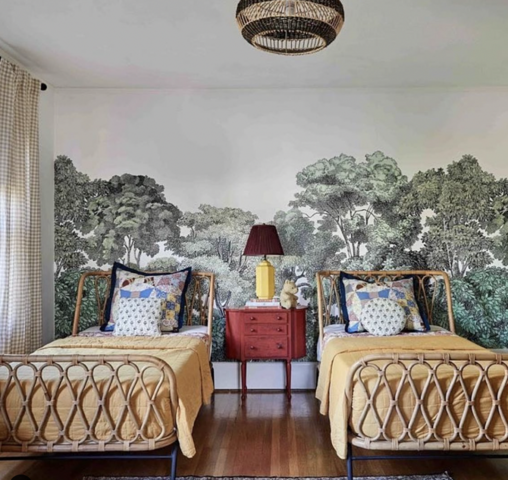 Wood Beds and a Red Table in the Bedroom