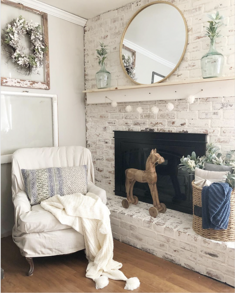Wood Window Frame Decor with a Rustic Brick Fireplace Wall