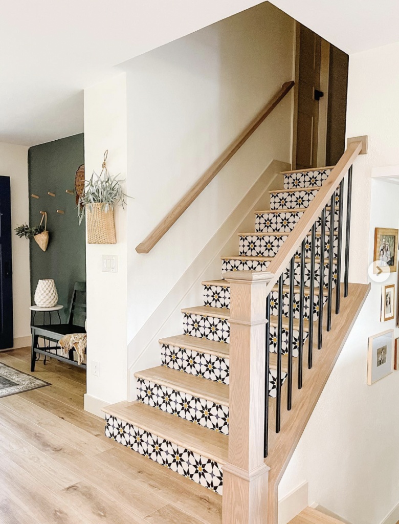 Yellow Accents on Black and White Stair Risers