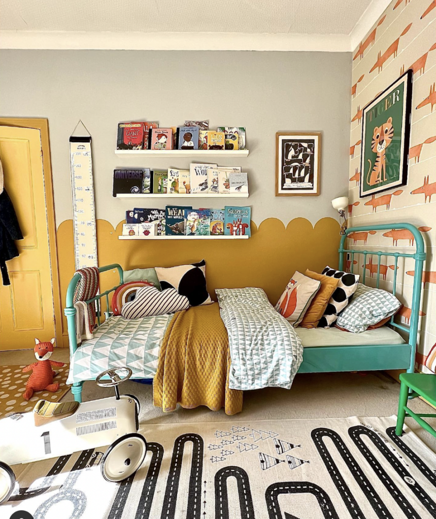 Yellow Grey Bedroom Walls and Blue Bed